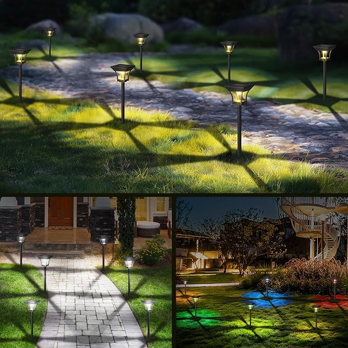 CINOTON 6 Pack RGBCW Solar Pathway Outdoor Lights, 3 Lighting Modes Solar LED Garden Light, IP65 Waterproof Outside Solar Powered Landscape Lighting for Patio Walkway Yard Driveway RGB/Warm/Cold White-VerdiqueGarden