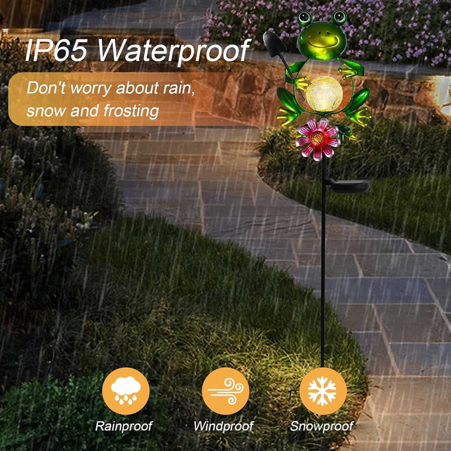 Afirst Solar Lights Outdoor Decorative Metal Frog Crackle Glass Globe Warm White LED Metal Waterproof Garden Stake Lights for Walkway Pathway Lawn Patio Yard Decorations-VerdiqueGarden