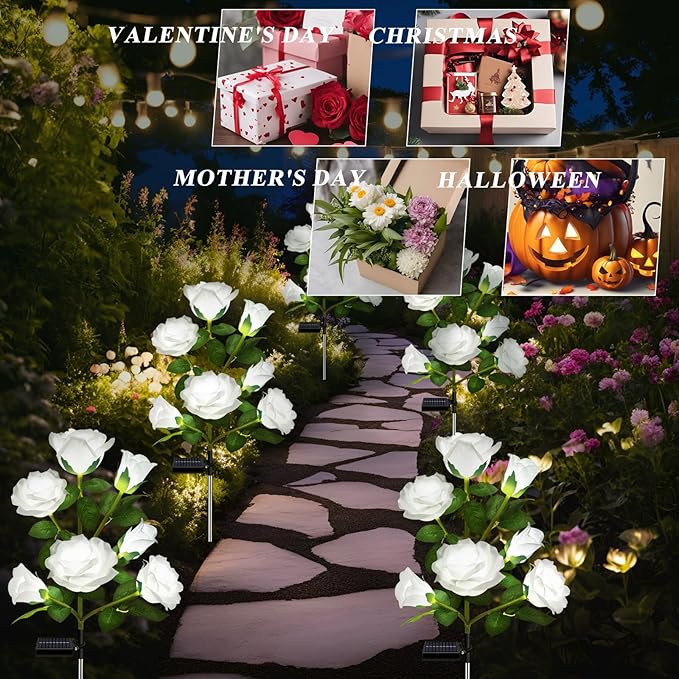 DWH 1 Pack Solar Garden Lights Outdoor, 7-Flower Rose Solar Lights for Yard, LED Solar Powered Stake Lights for Patio Pathway Lawn Fence Cemetery, White-VerdiqueGarden