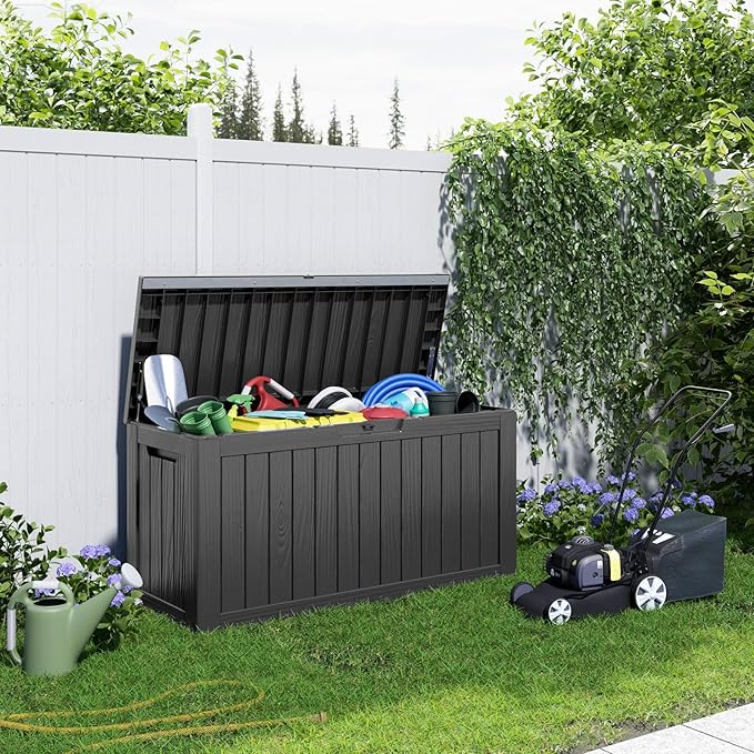 80 Gallon Resin Deck Box, Lockable Patio Outdoor Storage Box for Furniture, Garden Tools and Tools Storage, Waterproof Outside Storage Box - Black-VerdiqueGarden