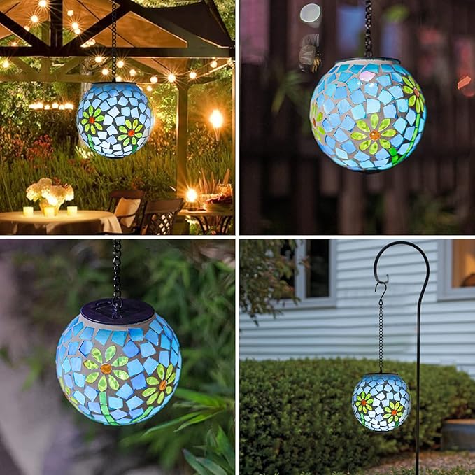 VCUTEKA Solar Lanterns Outdoor Waterproof - Hanging Solar Lights Garden LED Lanterns Mosaic Glass Design for Landscape Patio Yard Garden Pathway Decoration-VerdiqueGarden