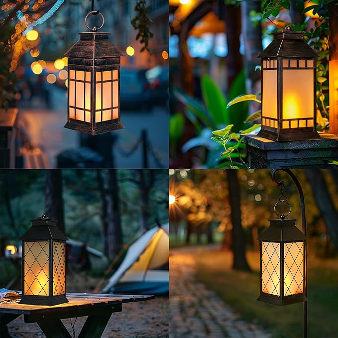 18'' Glass Solar Lantern Outdoor Waterproof, Large Hanging Solar Lanterns with Flickering Flame Lights, Metal Outdoor Lantern Decorative for Patio Garden Backyard Tabletop, Vintage Bronze-VerdiqueGarden