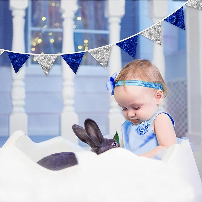 Pinkblume Silver Blue Double Sided Sequin Fabric Triangle Pennant Banner Flag Bunting Garland for Nautical Ahoy Anchor Theme Nursery Home Classroom Wall Decor-VerdiqueGarden