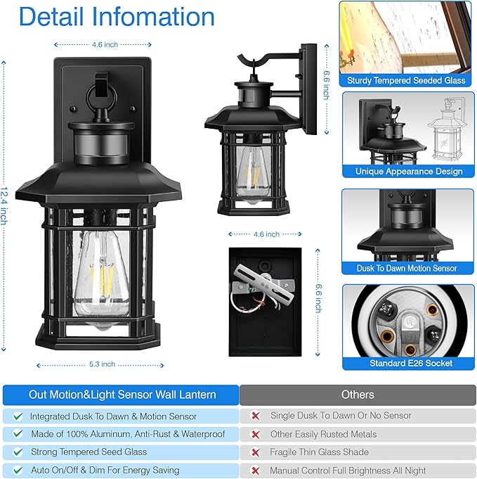 Outdoor Light Fixture With Motion Sensor, Dusk To Dawn Modern Exterior Porch Lights Wall Mount, Anti-rust 100% Aluminum Outdoor Wall Lantern, Black Farmhouse outdoor wall light For Garage Backyard-VerdiqueGarden