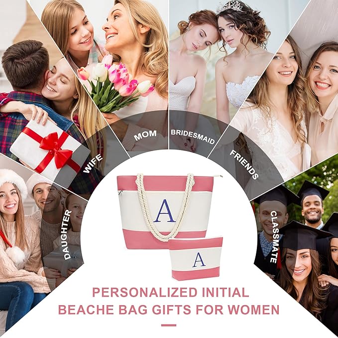 YOOLIFE Beach Bags for Women - Initial Tote Waterproof Bag with Makeup Bag, Mothers Day Gifts for Women Mom Friend Birthday-VerdiqueGarden