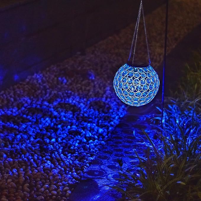 Solar Lantern Hanging Outdoor Christmas Decorative, Dual LEDs Color Changing and Blue Crystal Globe Lamp Hanging Light Waterproof with S Hook Decor in Garden, Pathway, Front Door- Blue-VerdiqueGarden
