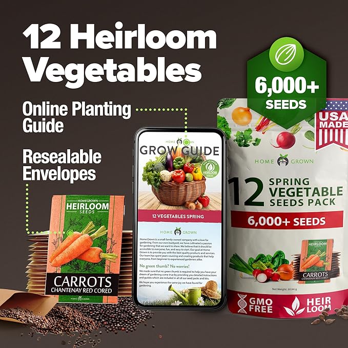 HOME GROWN 6000 Vegetable Seeds for Planting: 12 Spring Varieties of Garden Vegetables in Seed Packets, Garden Seeds for Garden Plants or Hydroponic Seeds - Heirloom Seeds - Non GMO-VerdiqueGarden