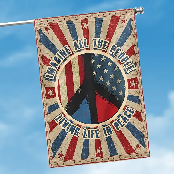 Hippie Peace Flags, Peace Signs Decorations For Home, Outside Hippie Decor House Flag (30 x 40), Imagine All The People Living Life in Peace Flag, USA House Garden Flags, Decorative Outdoor Flags-VerdiqueGarden