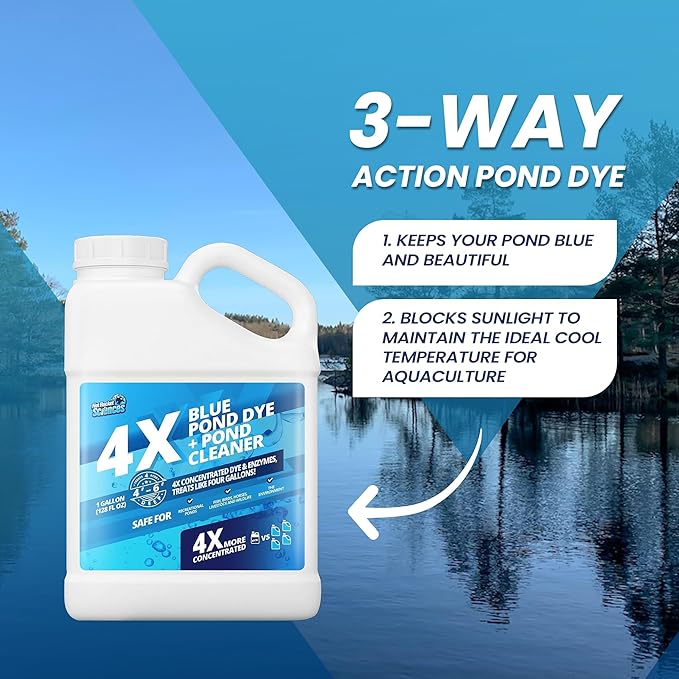 1 Gallon 4X Blue Pond Dye + Pond Cleaner, Blue Dye for Ponds and Lakes, 2-in-1 Lake Colorant + Enzymes, Makes Murky Water Clean & Beautiful, Keeps The Water Cool, Clear, and Ideal for Fish & Wildlife-VerdiqueGarden
