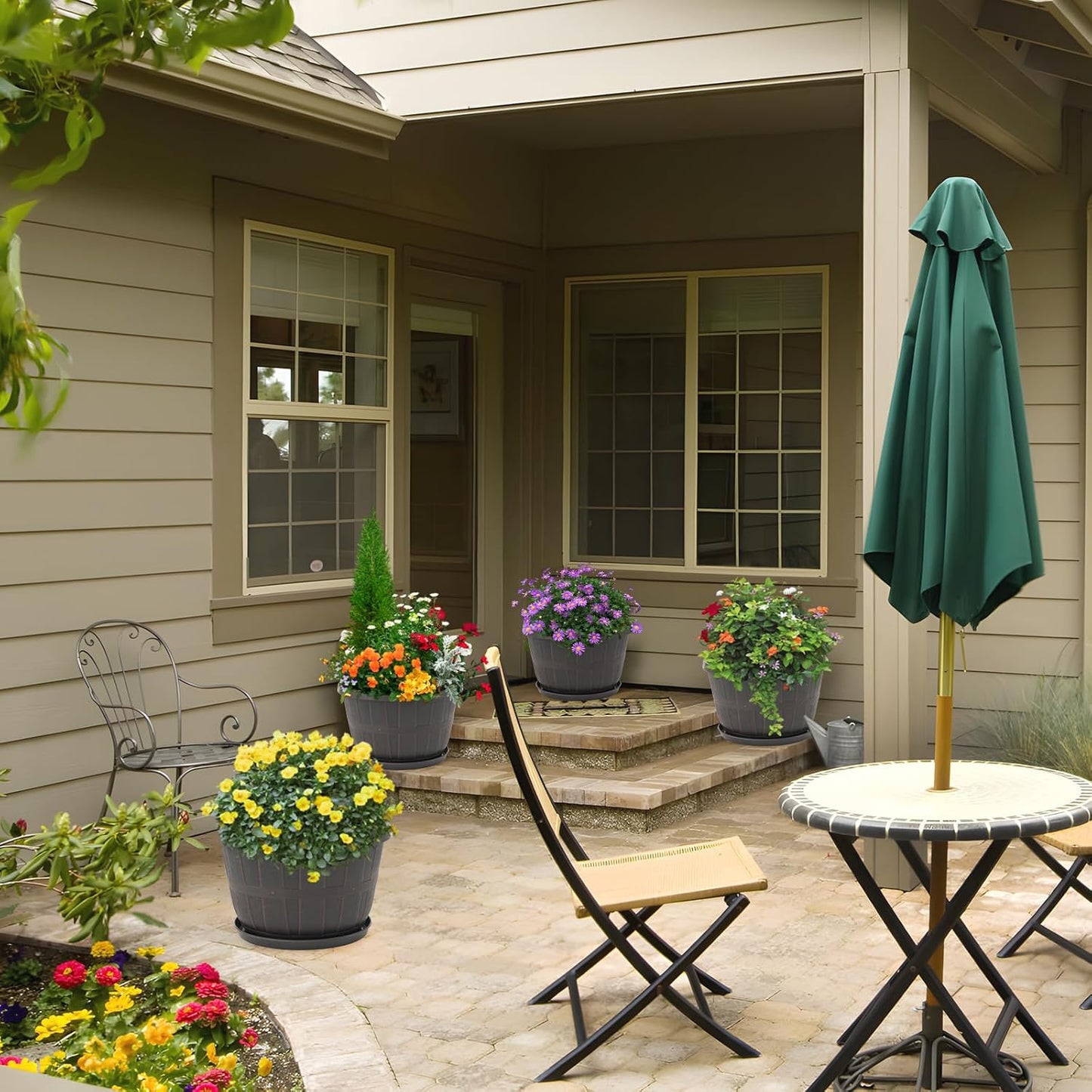 Quarut 12 Inch Large Planter Pot for Plants Indoor Outdoor, 4 Pack Plastic Flower Pots with Drainage Hole & Tray, Modern Decorative Garden Pot with Saucer, Plant Container for House(Brown)-VerdiqueGarden