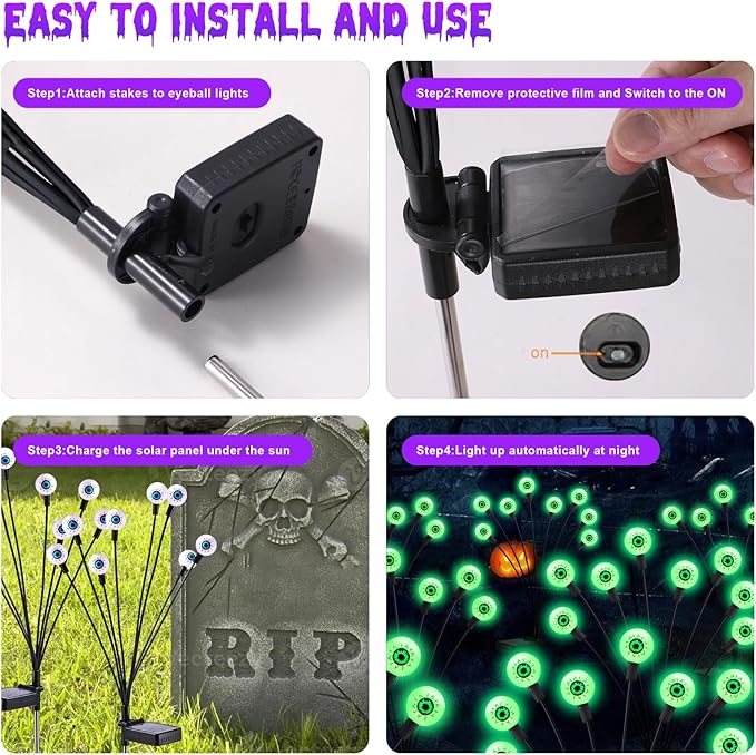 ASMAD Halloween Decorations Outdoor Solar Scary Eyeball Lights, 4Pack 32LEDs Green Eyeball Swaying Firefly Light, Waterproof Halloween Path Lights for Garden/Yard/Patio/Party Decor-VerdiqueGarden