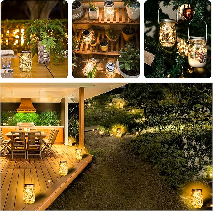 HXWEIYE 8 Pack Solar Mason Jar Lights Lanterns,Jars & Hangers Included,30LED Waterproof Hanging Outdoor Fairy Lights for Patio Garden Porch Yard Backyard Balcony Wedding(Warm White)-VerdiqueGarden