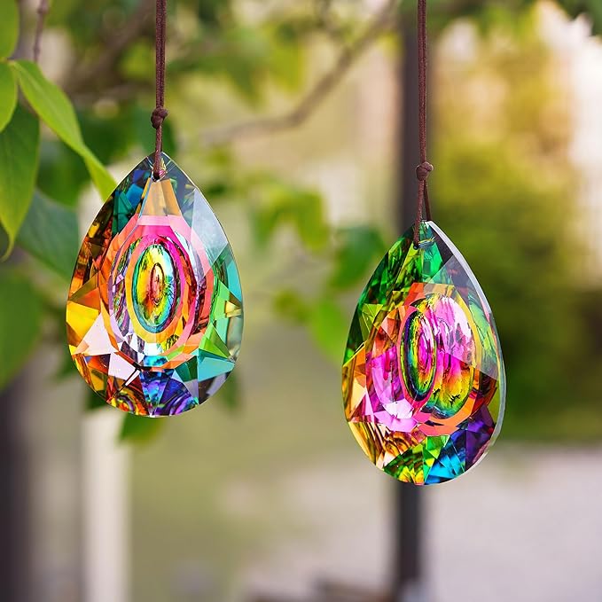 HDCRYSTALGIFTS 2PCS 76mm Crystal Prisms Suncatchers Hanging Ornament for Window, Chandelier Lamp Drops Pendant Rainbow Maker Home Garden Decoration (Single Face Colorful)-VerdiqueGarden
