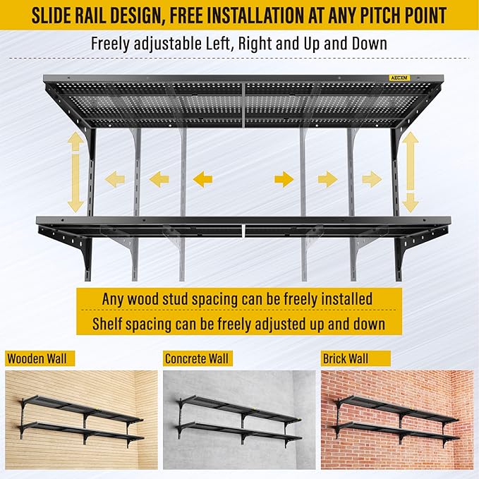 2-Pack 2 Tier 1.3x4ft Garage Shelving Wall Mounted, 800 lbs Load Capacity,15.6x48inch per Shelf Height Cassette Adjustable Floating Shelves(Black)-VerdiqueGarden