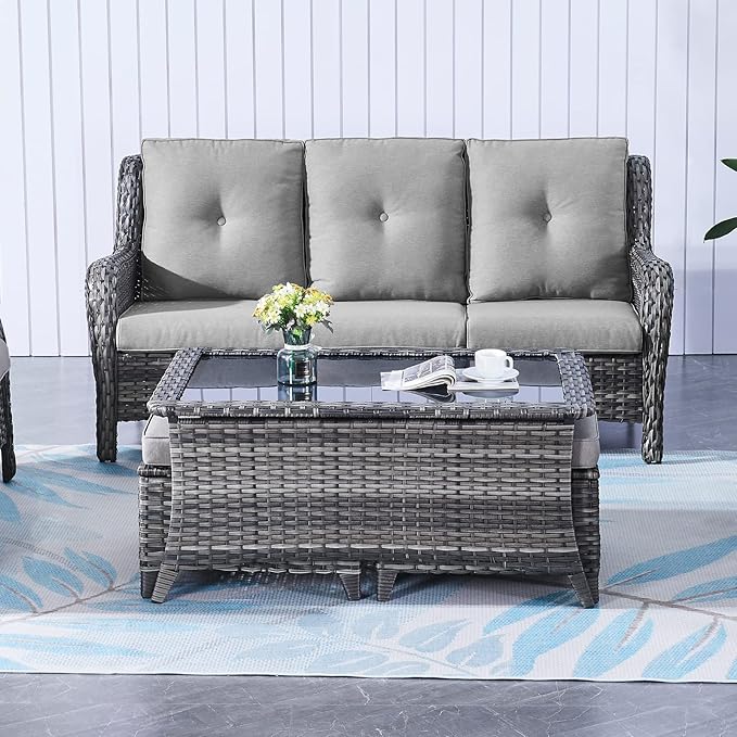 Wicker Outdoor Furniture Patio Furniture Set - 6 Piece Patio Conversation Set with Swivel Rocker Chairs, Rattan Sofa, Ottomans and Coffee Table, Gray Cushion-VerdiqueGarden