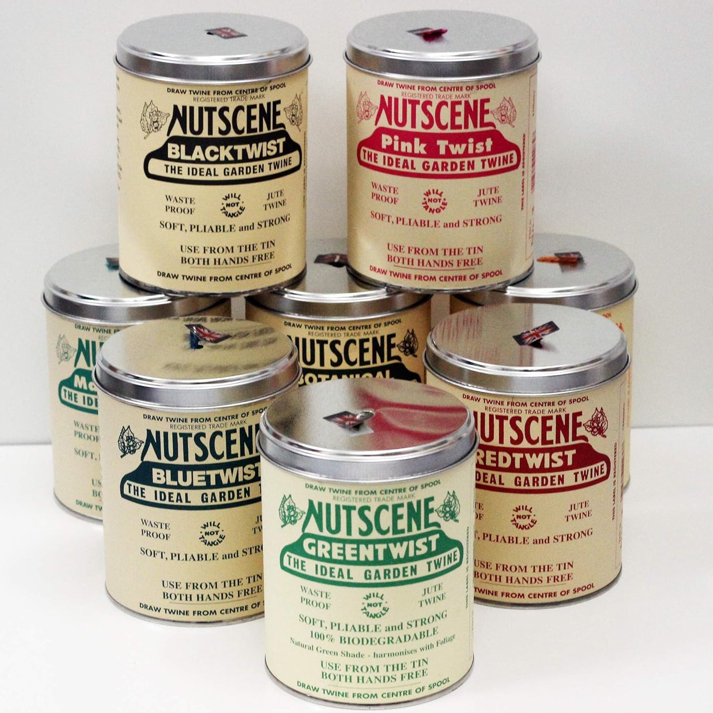 NUTSCENE Iconic Tin (Tin ‘O’ Twine) with Their Heritage Scottish Jute Twine and Hole in Top for Easy Dispensing. 14 Colors to Choose from. 164 Yards. (Lime)-VerdiqueGarden