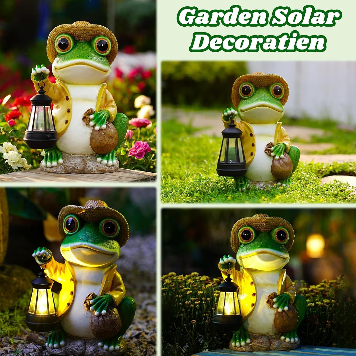 Large Frog Garden Statue, 13.3 Inches Tall, Resin Frog Decor with Solar Lantern for Outdoor Decoration and Housewarming-VerdiqueGarden
