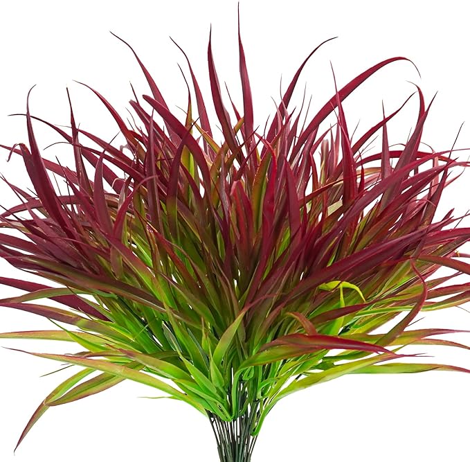 Uieke 28 Bundles Artificial Outdoor Plants UV Resistant Fake Grass Plants Faux Plastic Plants Greenery Shrubs for Home Garden Pathway Window Box Front Porch Summer Fall Decor, Deep Red-VerdiqueGarden