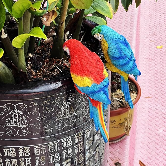 Realistic Parrot Sculpture Resin Hanging Parrots Garden Statues Lifelike Bird Figurines Landscape Ornament Patio Yard Lawn Figurine Tree Decor, Outdoor Garden Wall Statues (Red)-VerdiqueGarden