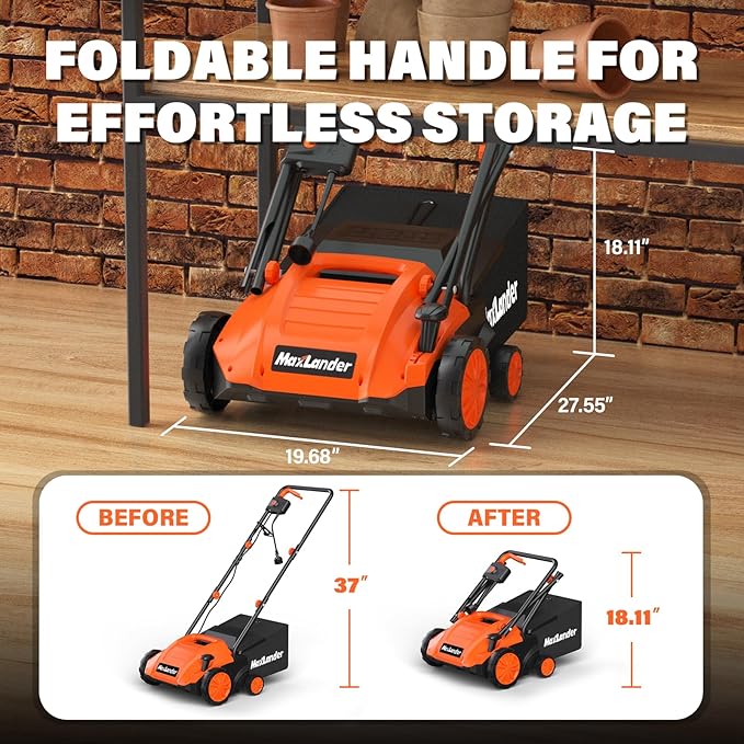 MAXLANDER Electric Dethatcher and Scarifier, 13” 12Amp 2-in-1 Lawn Dethatcher with 4-Position Depth Adjustment, 30L Removable Collection Bag, Airboost Technology Increases Lawn Health-VerdiqueGarden