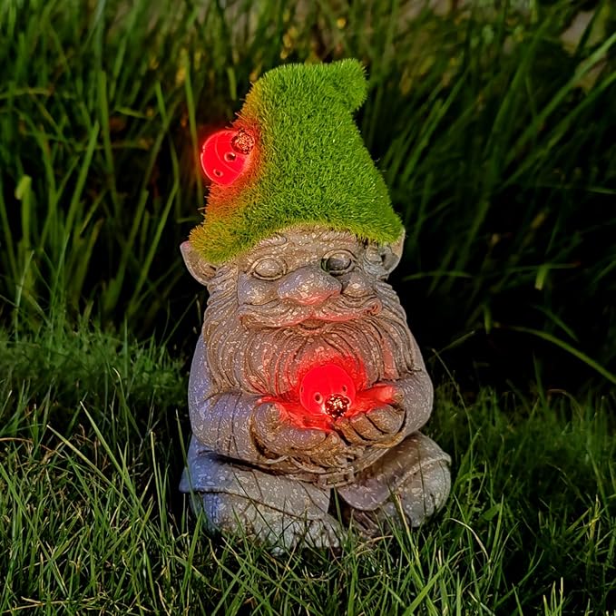 Solar Gnomes Garden Statues, Outdoor Lighted Gnome with Ladybugs Garden Decor Waterproof Figurines for Patio Porch Balcony Yard Lawn Lantern, Yard Art Decorations Gifts for Garden Patio Lawn-VerdiqueGarden