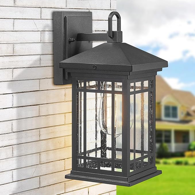 Outdoor Porch Lights Wall Mount, 12.4 Inch Outdoor Wall Lantern With E26 Sockets & Seeded Glass, Classic Exterior Lighting Fixtures, Waterproof Porch Light Fixtures For Garage (Bulbs Not Include)-VerdiqueGarden