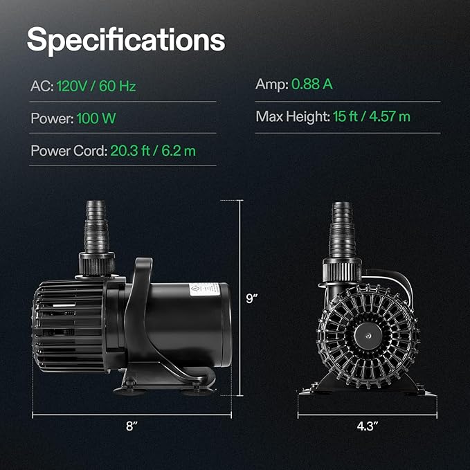 VIVOSUN 1600 GPH Submersible Water Pump, 100W Pond Pump, Ultra Quiet Aquarium Pump with 15FT. Lift Height for Pond, Waterfall, Fish Tank, Statuary, Hydroponic-VerdiqueGarden