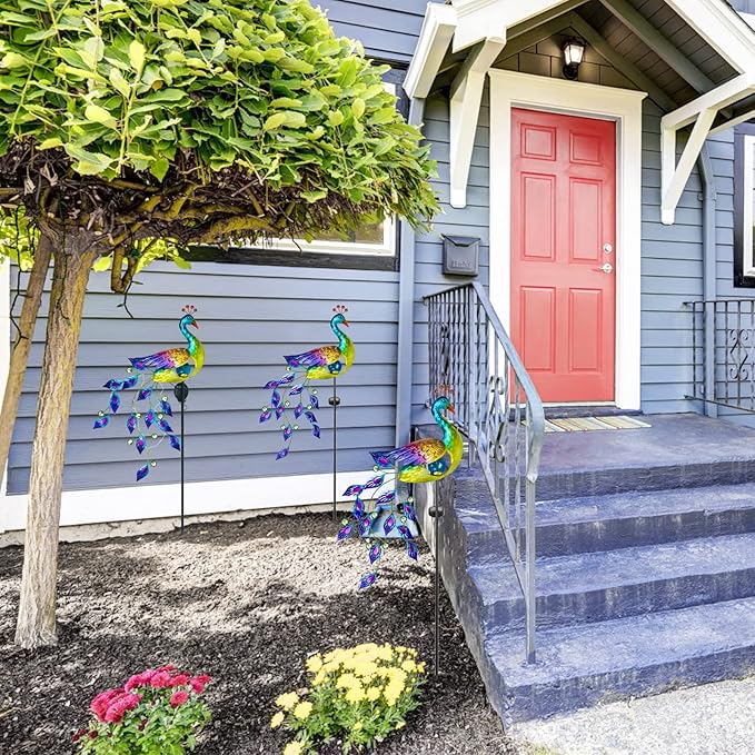 DREAMSOUL Solar Garden Lights Outdoor, Metal Peacock Decor Solar Lights Garden Stakes with Led String Lights, Waterproof Crackle Glass Ball Landscape Path Light for Lawn Patio-VerdiqueGarden