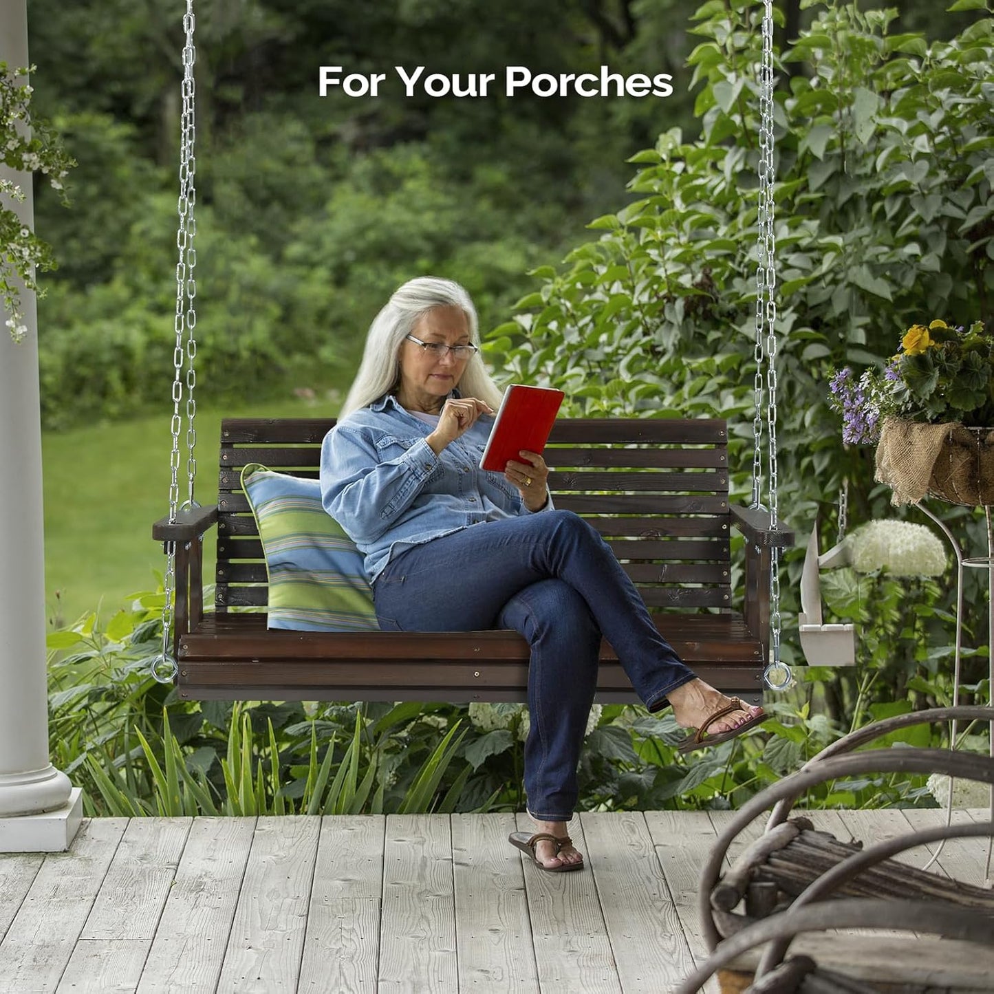 VINGLI Upgraded Patio Wooden Porch Swing for Courtyard & Garden, Heavy Duty 880 LBS Swing Chair Bench with Hanging Chains for Outdoors (Rustic, 4 FT)-VerdiqueGarden