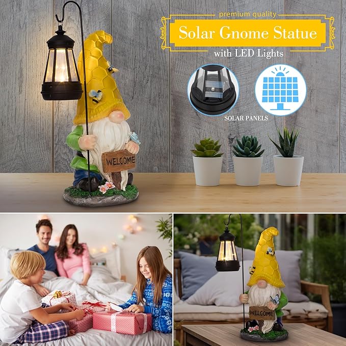 12.6'' Solar Large Garden Gnomes Outdoor Statues with Lantern, Welcome Gnome Garden Outdoor Decor Gift Waterproof Decoration for Patio, Balcony, Yard Ornament - Unique Housewarming Gifts-VerdiqueGarden
