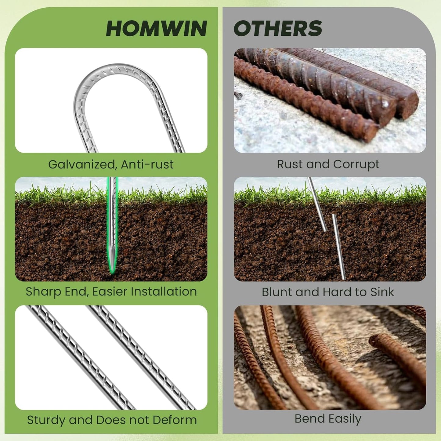 12 inches Tent Stakes Heavy Duty 34-Pack, 5/16" Diameter J Hook Fence Stakes Rebar Ground Stake for Inflatables, Tarp, Yard Lawn Outdoor Decoration-VerdiqueGarden