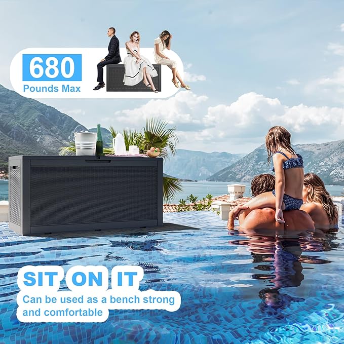 100 Gallon Deck Box,Resin Outdoor Storage Box with Lockable for Patio Furniture, Pool Accessories, Garden Tools Waterproof Outside Storage Box, Black-VerdiqueGarden