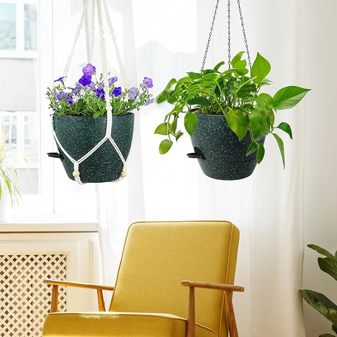 10 inch Self Watering Hanging Planters, 2 Pack Hanging Flower Pots for Indoor Outdoor Plants, Hanging Baskets with Drainage Holes & 2 Kinds of Plant Hangers for Home Decor, Speckled Black-VerdiqueGarden