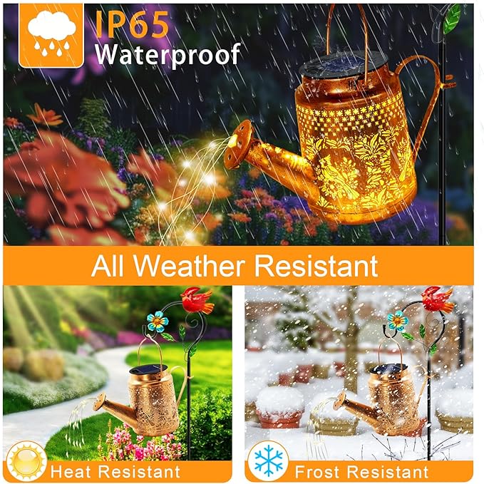 Solar Lights Outdoor Garden Decor, Cardinals Hanging Waterproof Watering Can Lights Outside Decorations for Yard Front Porch Patio Backyard Gift for Mom Grandma Women Birthday (with Shepherd Hook)-VerdiqueGarden