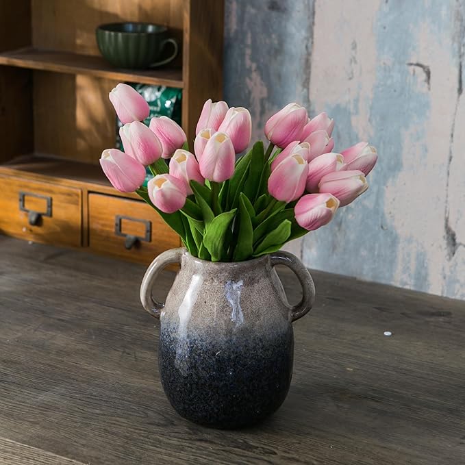 Brown Gradient Ceramic Vase with 2 Handles, Modern Farmhouse Decor, Rustic Terracotta Pottery, Decorative Flower Vases, Clay Small Vase, Centerpiece for Dining Table - 7 Inch Tall-VerdiqueGarden