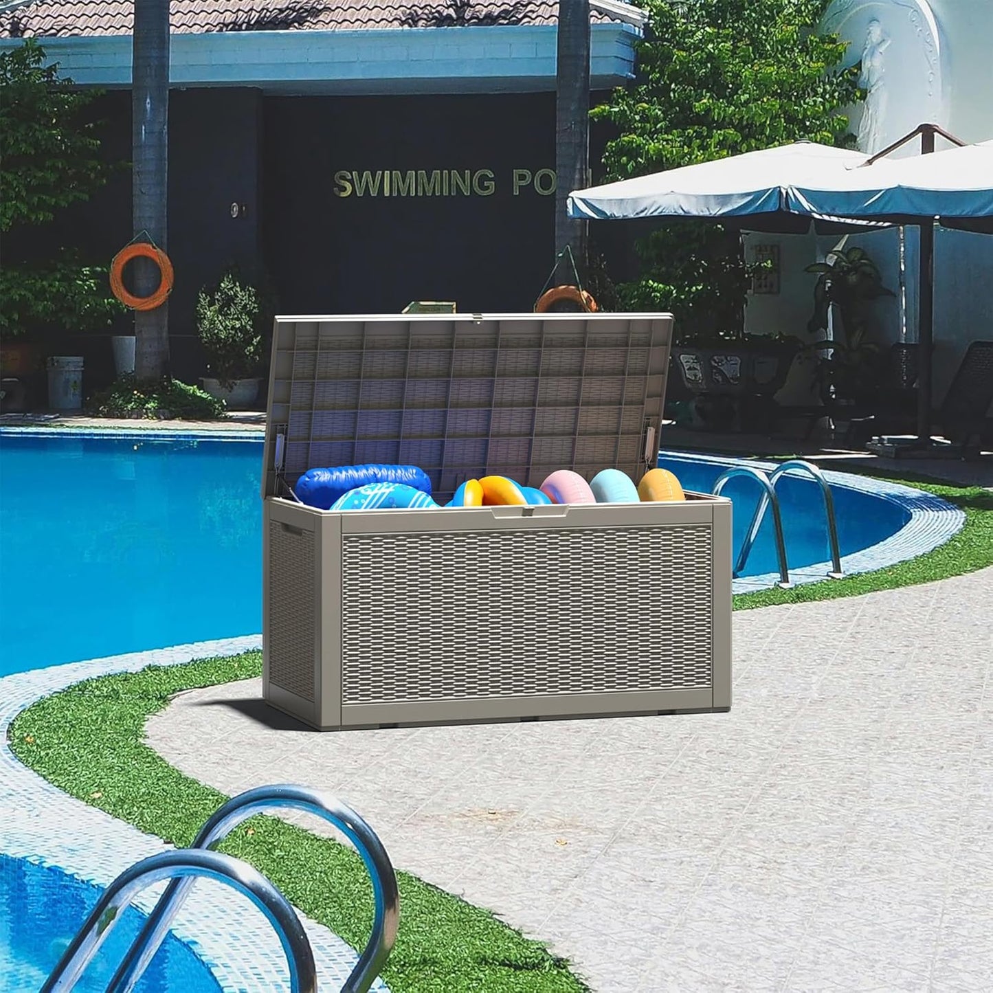 100 Gallon Deck Box Lockable Rattan Outdoor Storage Box waterproof Outdoor Container for Patio Furniture Cushions, Pillow-VerdiqueGarden