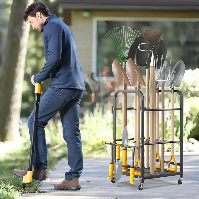 Ultrawall Garden Tool Organizer Stand, Yard Tool Storage Rack with Lockable Wheels, Garage Tool Storage for Rake, Brooms, Indoor & Outdoor Use-VerdiqueGarden