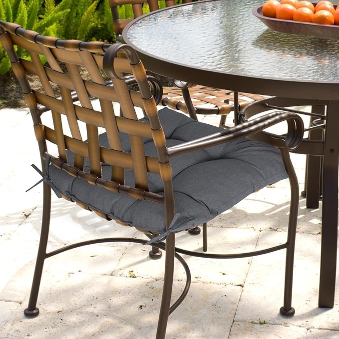 Aoodor 19" x 19" x 5" Tufted Outdoor Chair Cushions, Water Resistant & Fade Resistant Polyester Dining Chair Pads with 2 Straps for Patio Furniture, Set of 2-VerdiqueGarden