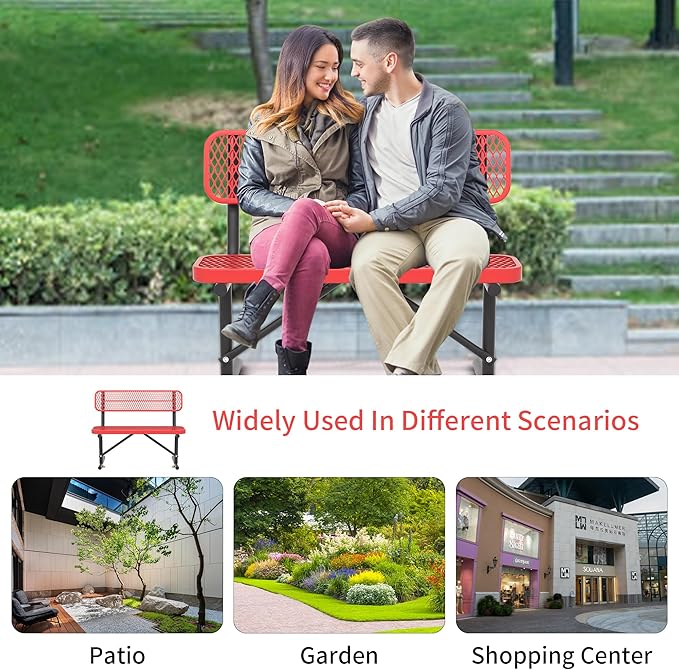 Heavy Duty Park Bench with Back Portable Frame, Outdoor Steel Bench with Backrest, Outdoor Park Bench Expanded Metal Mesh Bench for Lawn, Park, Deck, Garden, Patio, Porch, Black (Red, 4FT)-VerdiqueGarden