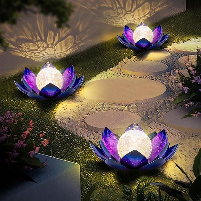 Huaxu Solar Lights for Outdoor Decor, Purple Lotus Flower Light, Waterproof LED Crackle Globe Glass Lamp for Garden, Patio, Yard, Porch, Pathway, Ground, Tabletop Christmas Gifts for Mom,Women-VerdiqueGarden