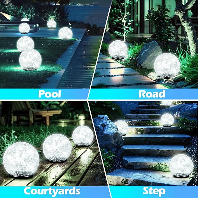 Garden Solar Ball Lights Outdoor Waterproof, 80 LED Cracked Glass Globe Solar Power Ground Lights for Path Yard Patio Lawn, Outdoor Decoration Landscape White (2 Pack 5.9'')-VerdiqueGarden