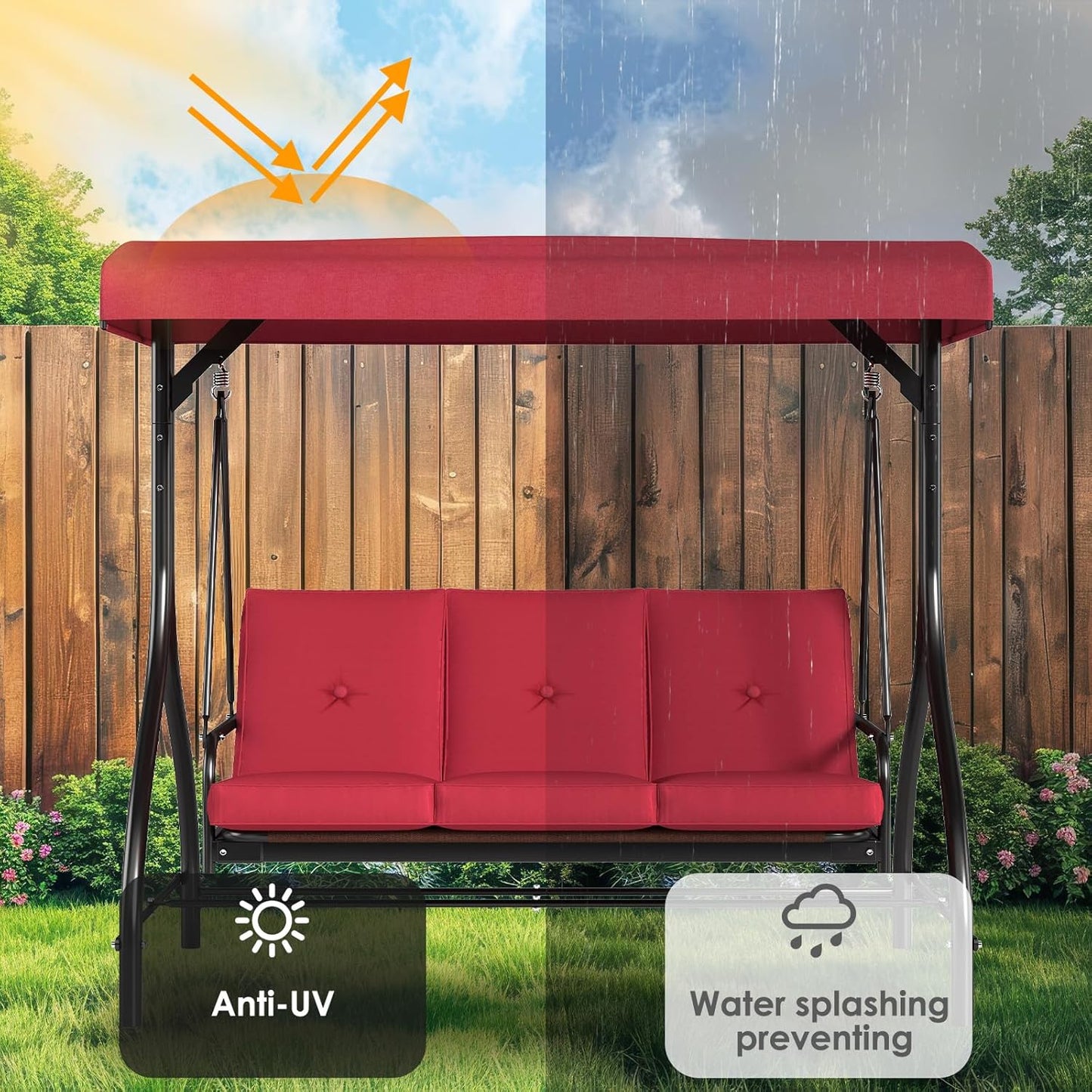 TLSUNNY 3-Seat Outdoor Patio Porch Swing with Adjustable Canopy & Backrest, Convertible Glider Bed with Stand, Removable Seat Cushion, 45° Tilt Adjustment for Backyard, Poolside, Balcony - 750LBS-VerdiqueGarden