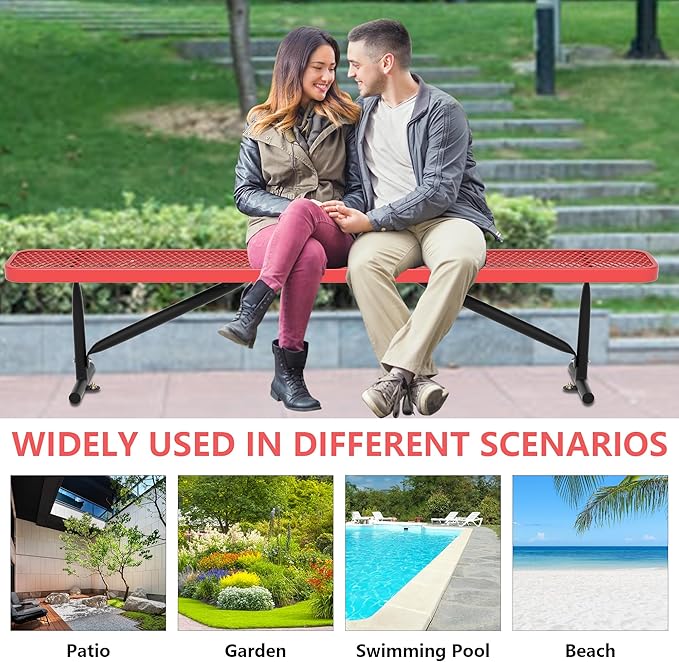 48" L Outdoor Steel Flat Bench, Heavy Duty Metal Park Bench for Outside, Expanded Metal, Commercial Benches Mesh Bench for Shopping Mall, Store, Lawn, Park, Patio, Deck, Garden (Red, 8FT)-VerdiqueGarden