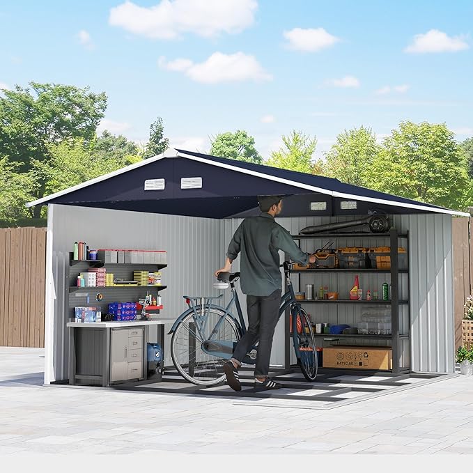 Outsunny 11' x 9' Outdoor Storage Shed, Garden Tool Metal Shed with Foundation Kit, Double Lockable Door, Air Vents and Sloping Roof, for Backyard, Patio, Lawn, Dark Gray-VerdiqueGarden