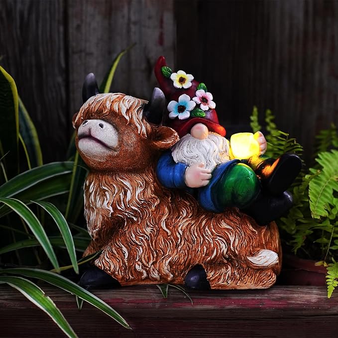 Garden Gnomes Decor Outdoor Statues Gnome on Highland Cow Hold Solar Cup Light Outdoor Decorations for Patio,Yard and Gift for Mom-VerdiqueGarden
