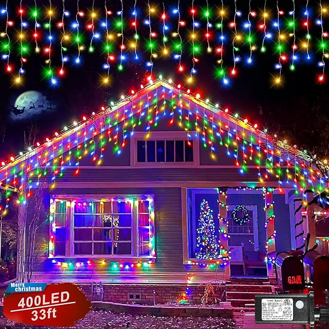 Icicle Lights for Outside, 33FT 400 LED Christmas Lights Outdoor Indoor with 8 Modes 75 Drops, Waterproof Connectable Twinkle String Light for Patio Yard Garden Wedding Party Decor, Multicolor-VerdiqueGarden