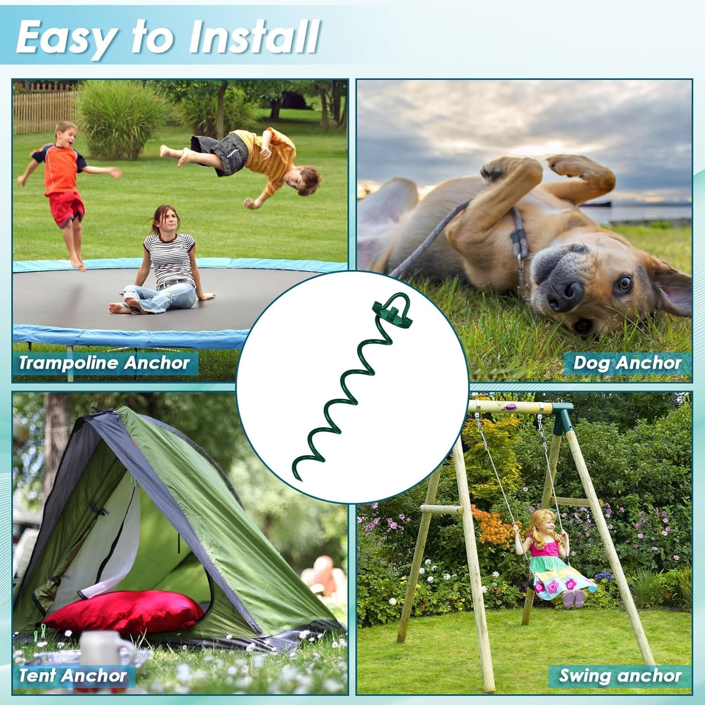 FEED GARDEN 16 Inch Spiral Ground Anchors Heavy Duty Screw in Spiral Stakes, 4 Pack Folding Ring Ground Stakes for Securing Dogs,Tents, Trampolines, Canopies, Swing Sets,Green-VerdiqueGarden