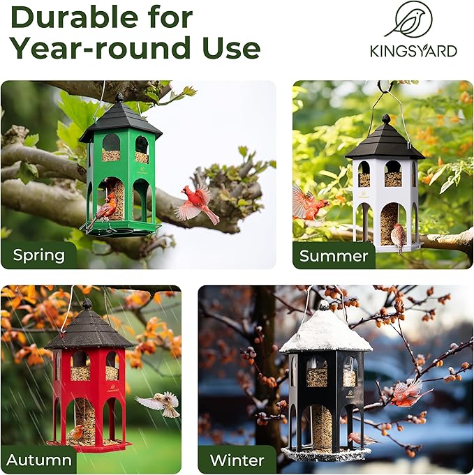 Kingsyard Metal Bird Feeder for Outdoor Hanging, Wild Bird Feeders with Circular Perch, Easy to Clean & Refill, 4 lbs Large Seed Capacity, Green-VerdiqueGarden