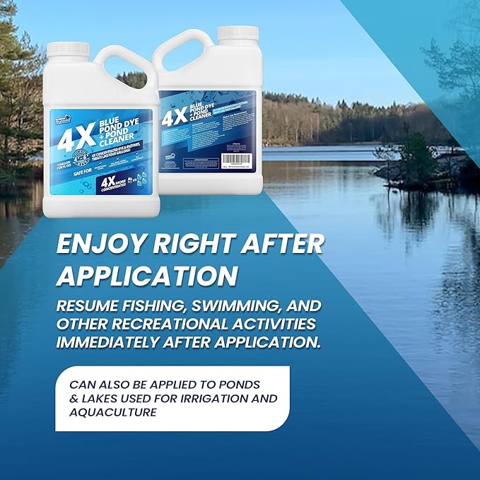 1 Gallon 4X Blue Pond Dye + Pond Cleaner, Blue Dye for Ponds and Lakes, 2-in-1 Lake Colorant + Enzymes, Makes Murky Water Clean & Beautiful, Keeps The Water Cool, Clear, and Ideal for Fish & Wildlife-VerdiqueGarden