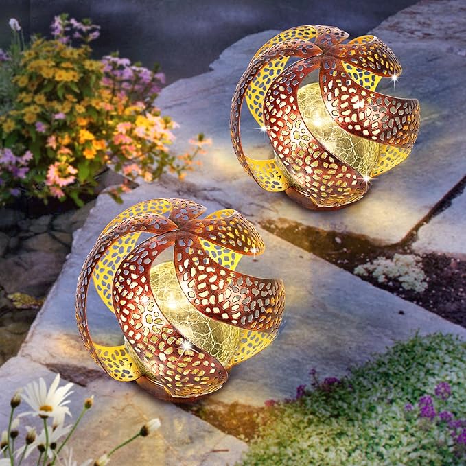 Huaxu Solar Lights Outdoor Garden Decor Waterproof Cracked Glass Globe LED Light Bronze Art Metal Retro Design Decorative Yard Patio Lawn Pathway Gift for Mom Women Anniversary Birthday-VerdiqueGarden